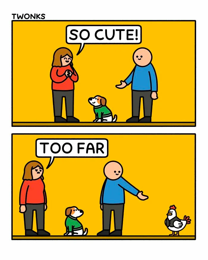 Funny comics showing a dog in a green sweater and a chicken wearing clothes.