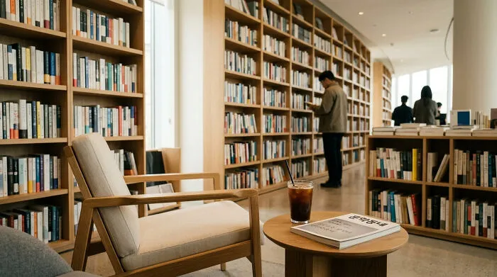 Cozy library reading nook with chair and iced coffee near book shelves