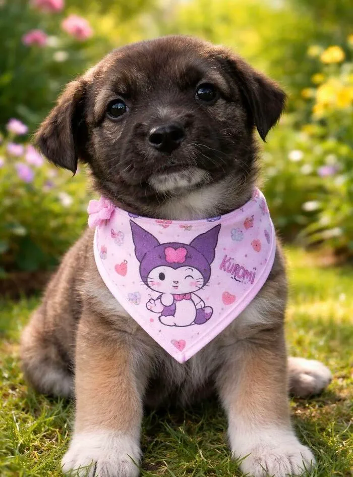 Cute abandoned puppy wearing a pink cartoon bandana in a garden