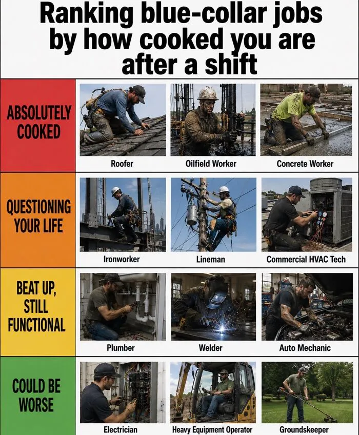 Ranking of blue collar jobs by exhaustion level after a shift