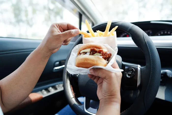 A driver holding a burger and French fries at the wheel, showing a casual moment before fight-or-flight kicking in