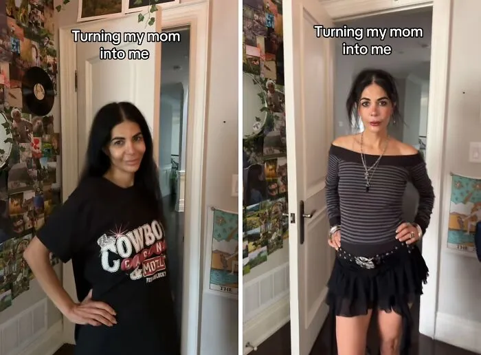 Edgy mother makeover comparison displaying a black graphic tee on the left and a striped off-the-shoulder top.