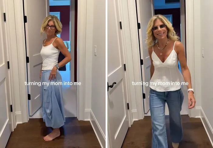 A stylish mother makeover comparison showcasing a casual skirt outfit and a trendy white top with wide-leg jeans.