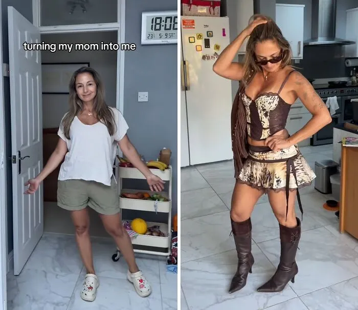 Side-by-side mother makeover showing a casual outfit on the left and a bold animal-print outfit on the right.