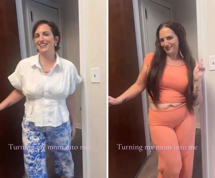 Before and after mother makeover of a woman wearing floral pants, then a peach-colored matching set