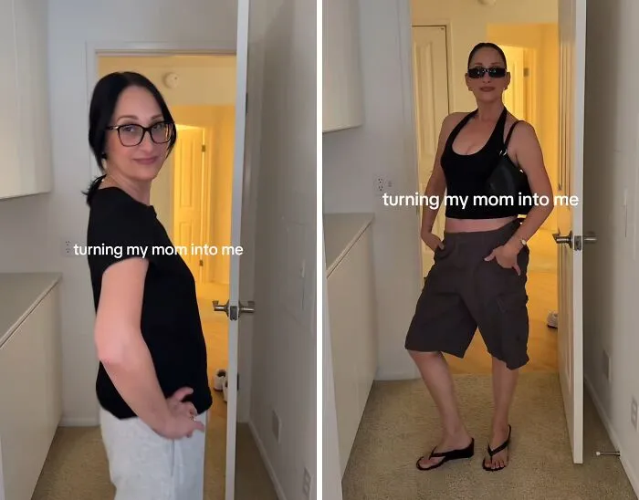 Side-by-side mother makeover showing a mom before and after wearing a black halter crop top and shorts