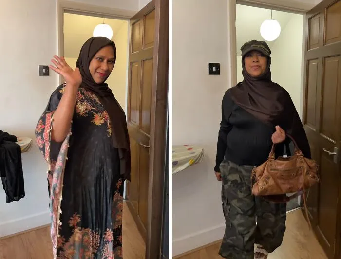 Mother makeovers featuring a woman in a floral abaya transitioning to a modern streetwear outfit with cargo pants.