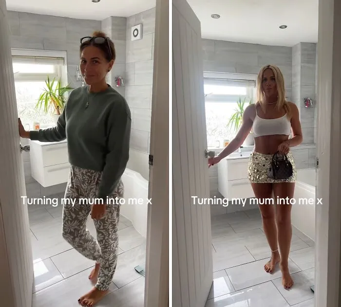 Before and after mother makeover showing a mom in loungewear, then a sparkly mini skirt and crop top