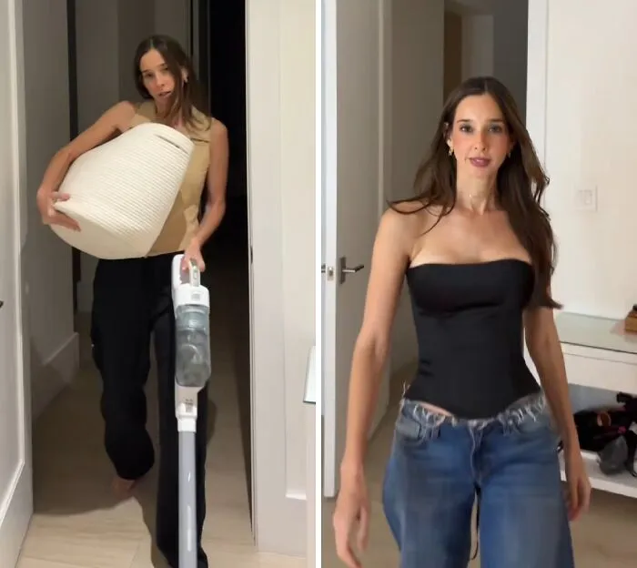 A mother makeover before and after of a woman doing chores, then wearing a stylish black tube top and jeans