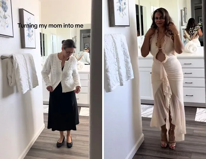 A stunning mother makeover featuring a woman in a casual black dress, then a glamorous white gown