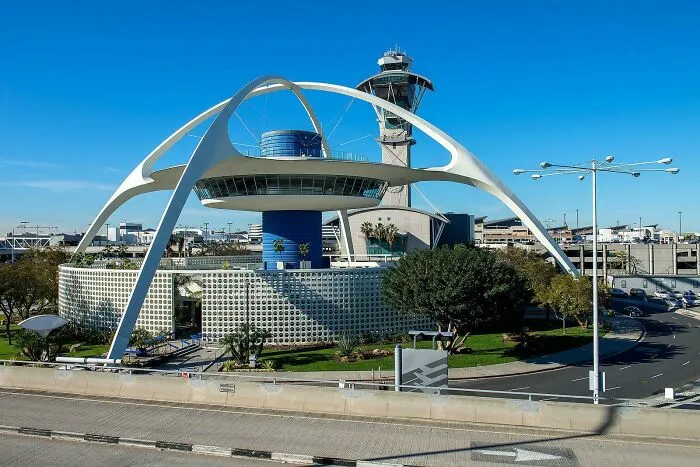 Futuristic Theme Building at LAX airport presenting architecture with bizarre shapes.