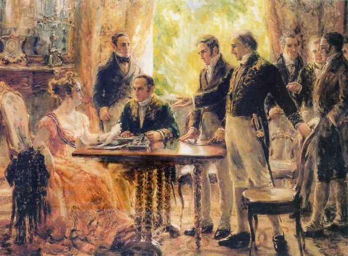 Historical treasures painting showing 19th-century figures gathering around a table for a political signing.