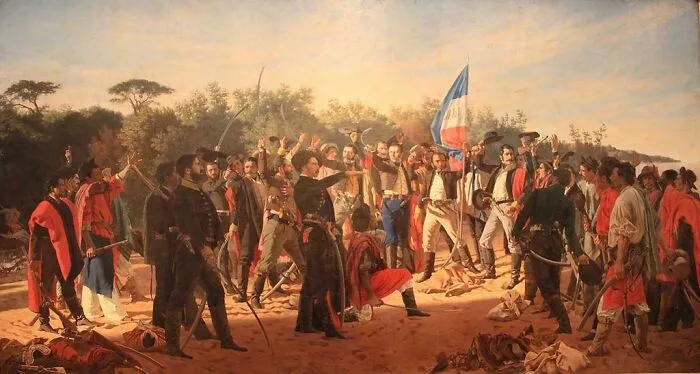 Historical treasures painting depicting a historical military gathering raising a flag under open sky.