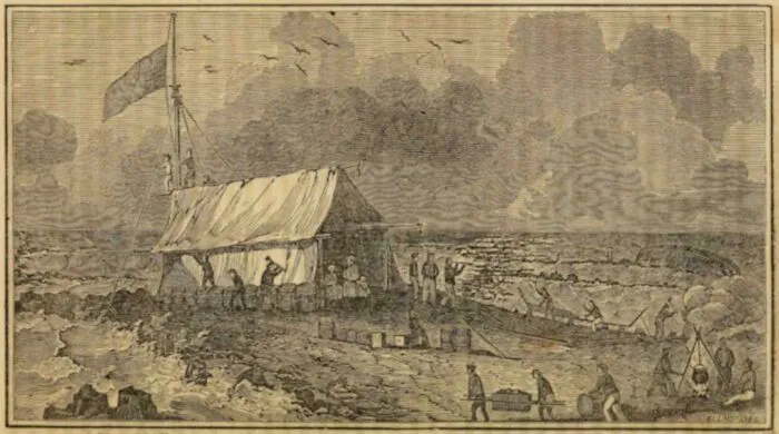 Historical treasures engraving showing a coastal encampment with tents and men working near the shore.
