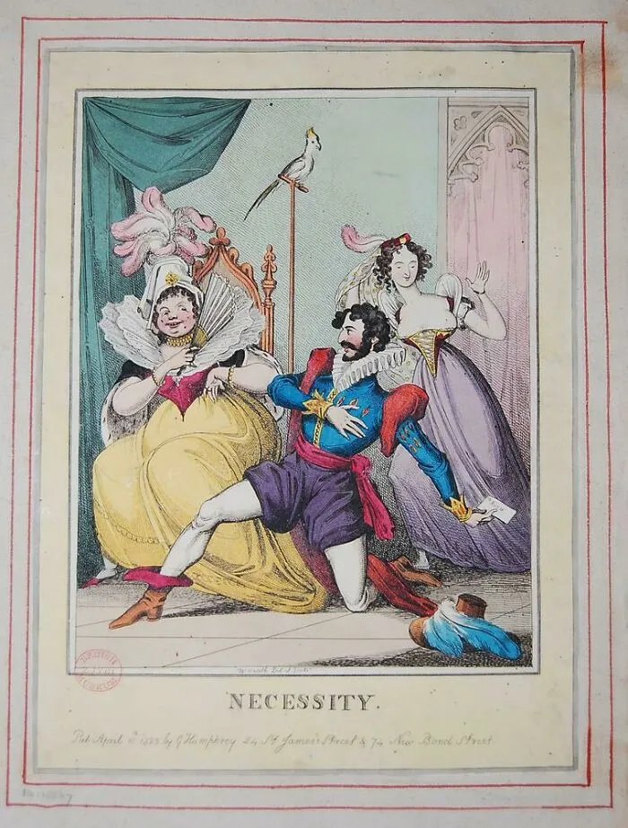 Historical treasures satirical artwork depicting theatrical characters in 19th-century attire titled Necessity.