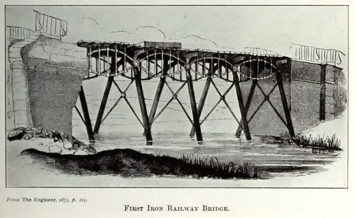 Vintage illustration depicting the first iron railway bridge, one of the historical treasures from 200 years ago