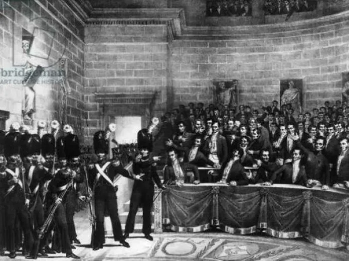 Historical treasures artwork depicting armed soldiers entering a crowded assembly hall 200 years ago
