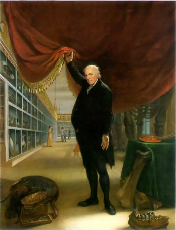 1822 portrait of Charles Willson Peale in his museum, showcasing historical treasures from 200 years ago