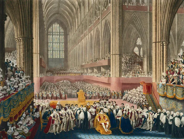 Painting of a grand 1820s coronation ceremony inside a cathedral, reflecting historical treasures from 200 years ago