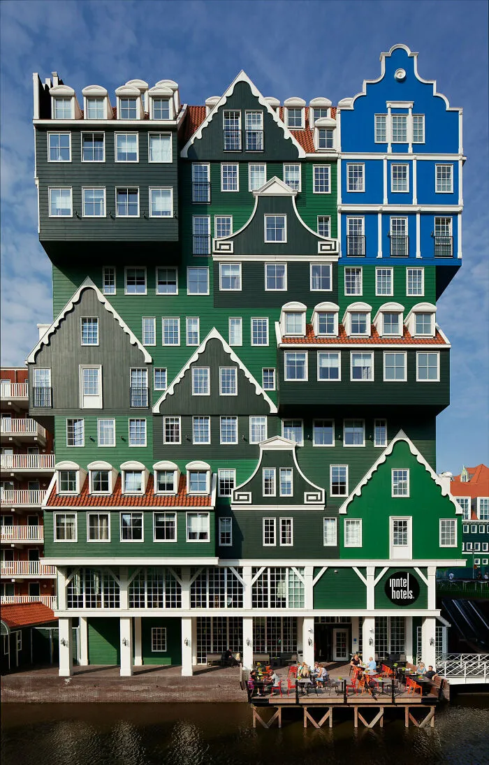 The Inntel Hotel in Zaandam features a bizarre shape with stacked traditional houses.