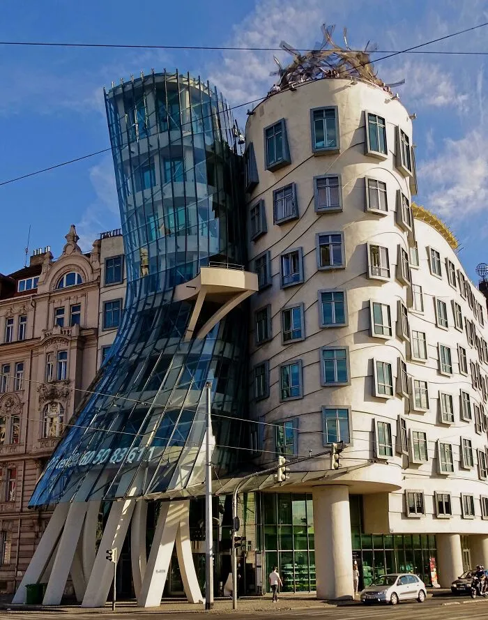 The Dancing House in Prague with its unique curved facade and bizarre shapes.