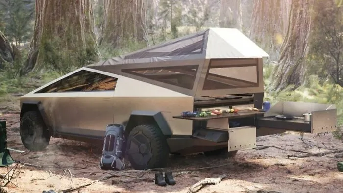Futuristic camping truck with popup tent, parked outdoors among trees as one of many wonderful vehicles.