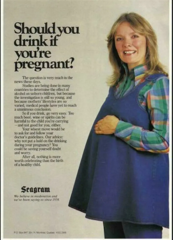 A vintage advertisement questioning drinking while pregnant, illustrating a vintage product trend.