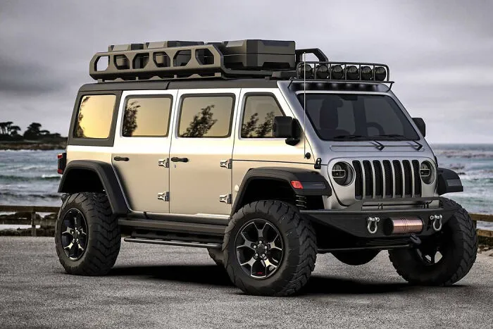A custom silver off-road SUV with large tires and roof rack, designed as a unique custom vehicle.