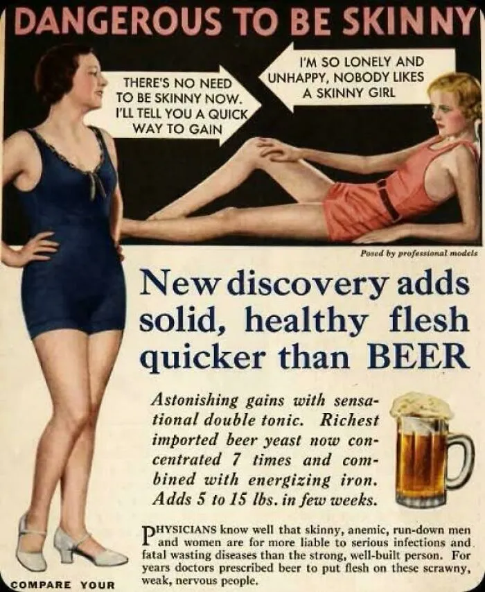 Retro advertisement poster for vintage products promoting a beer-based diet for weight gain