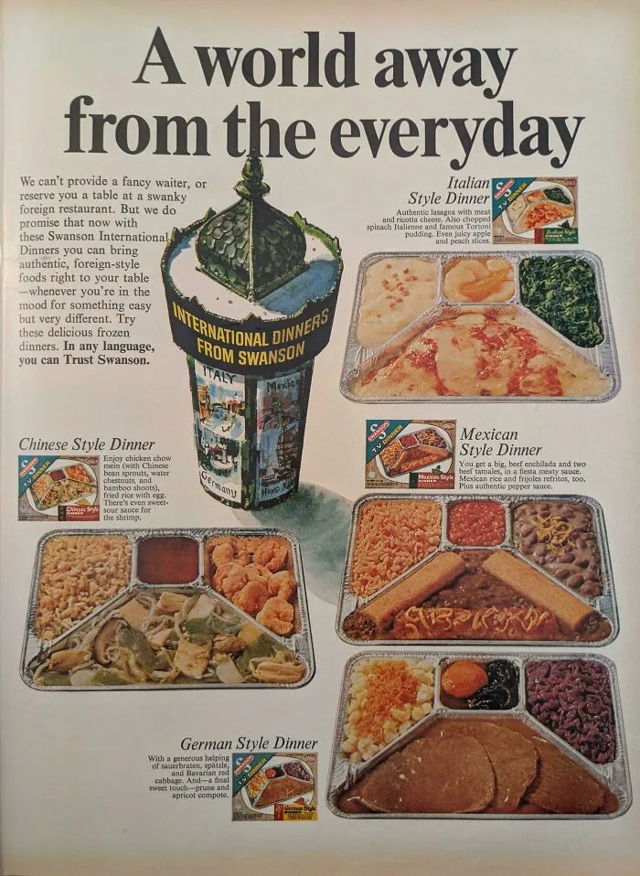 Vintage frozen dinners packaged in aluminum trays showcasing International Dinners from Swanson as vintage products.