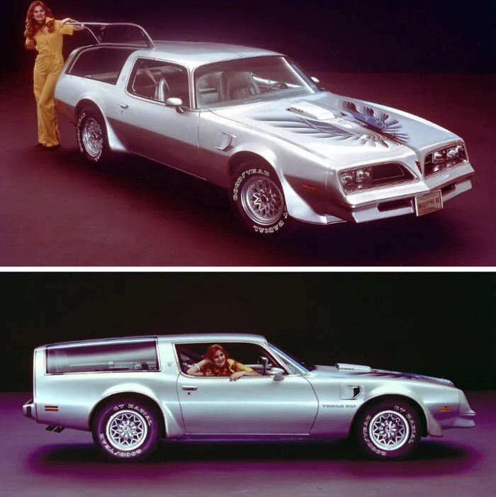 Silver Pontiac Trans Am shooting brake wagon concept with firebird hood decal.