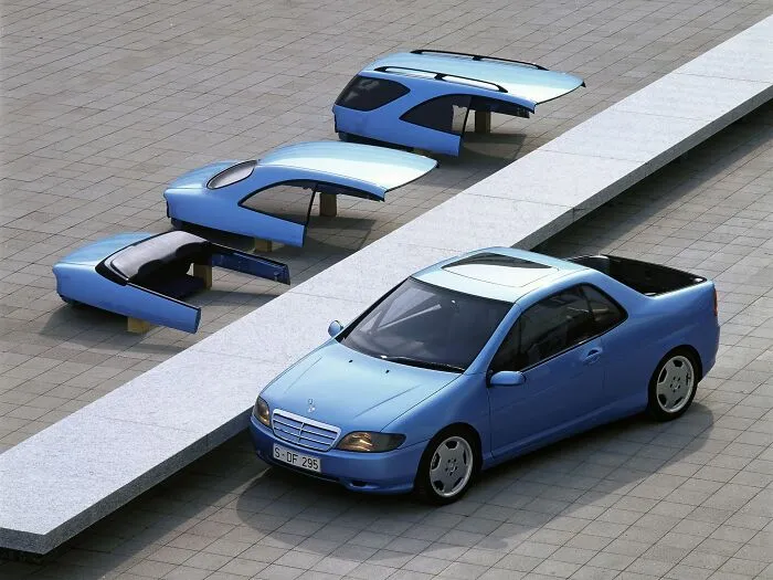 A blue modular car concept with detachable roof parts, one of many weird and wonderful vehicles.