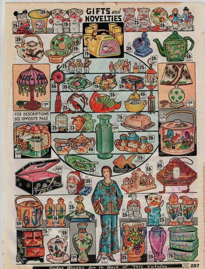 An old catalog page showcasing various vintage products, gifts, and novelties with prices.