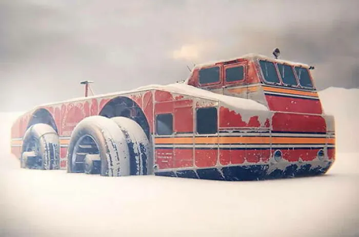 Massive red Antarctic snow cruiser vehicle on ice, an example of weird and wonderful vehicles.
