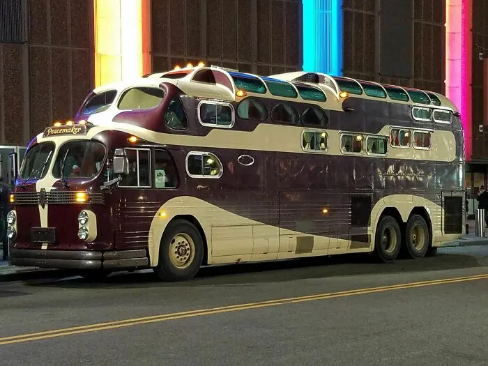 A vintage retro double-decker bus called Peacemaker, among wonderful vehicles.