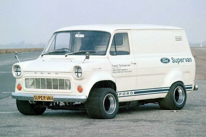 A white modified Ford Supervan racing van, showcasing wonderful vehicles design.