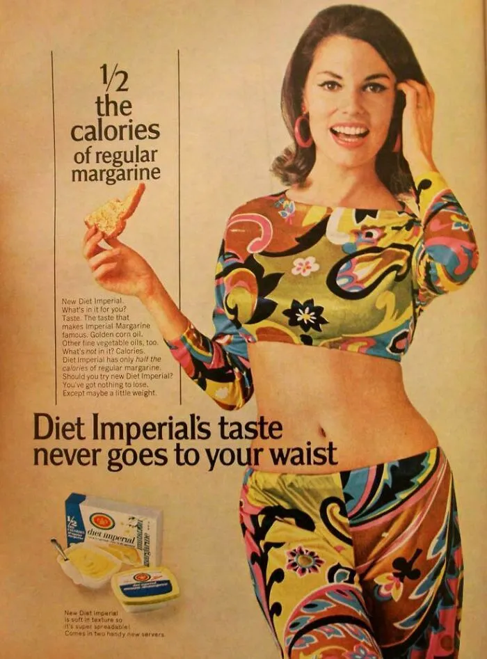 Vintage products ad for Diet Imperial margarine featuring a woman in colorful 1970s attire