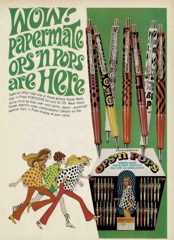 Colorful 1970s ad for Paper Mate Ops 'n Pops vintage products