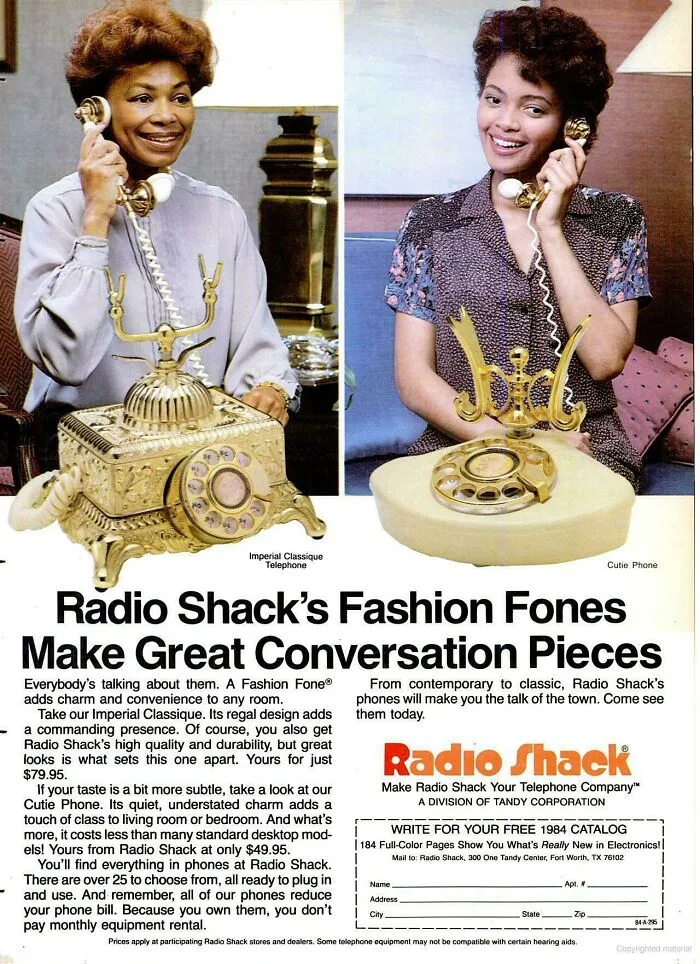 Radio Shack's Fashion Fones vintage products ad showing two women on ornate phones