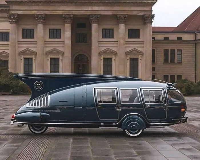 Futuristic retro-styled blue van with large tail fin, showcasing wonderful vehicles.