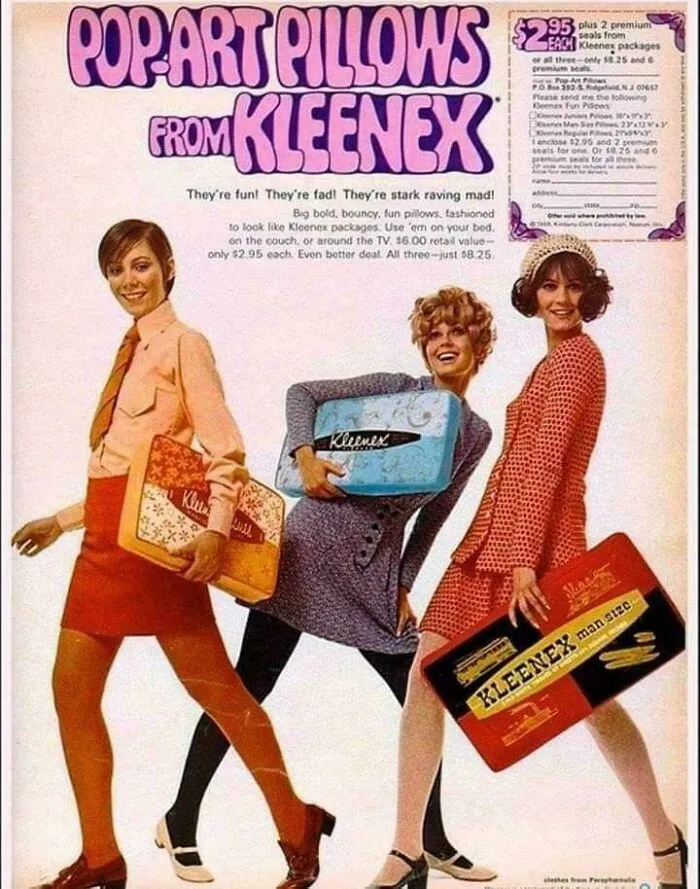 Vintage 1960s Kleenex advertisement showing three women holding pop-art pillows designed like tissue boxes