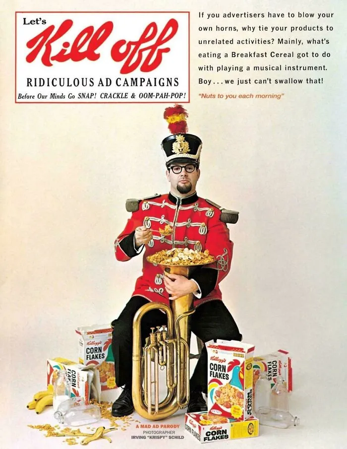 A vintage Mad magazine parody ad for Kellogg's Corn Flakes featuring a marching band tuba player