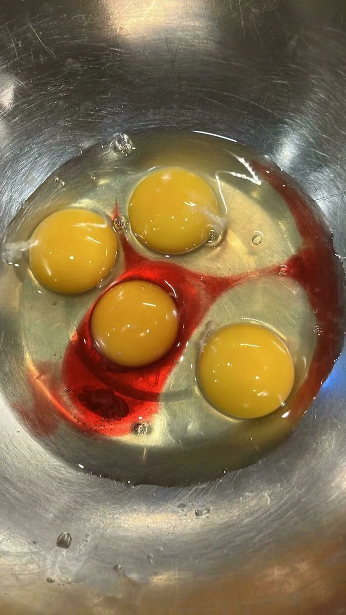 Four cracked eggs in a metal bowl with blood inside, a recipe gone wrong.