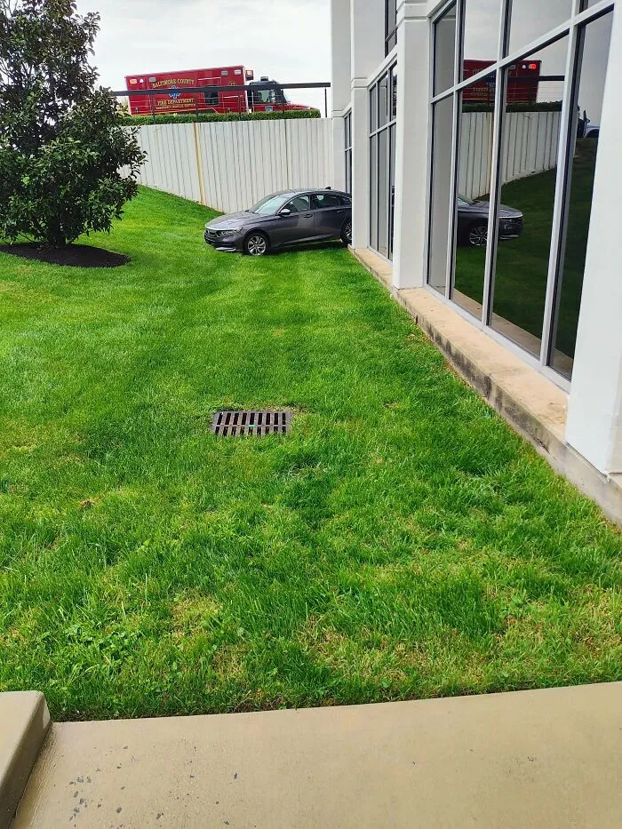 A car parked awkwardly on a grassy slope next to an office building, a things went wrong pics scenario.