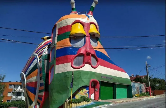 A snail-shaped house in Sofia, Bulgaria, illustrating colorful and bizarre architecture