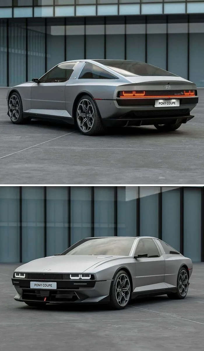 Front and rear view of a futuristic silver Hyundai Pony Coupe concept car, among wonderful vehicles.