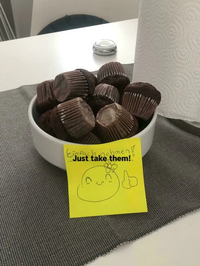 Upside-down chocolate muffins in a bowl, things went wrong with baking.