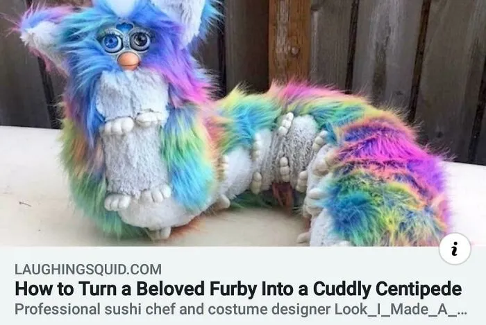 Colorful DIY projects featuring a long rainbow Furby transformed into a centipede
