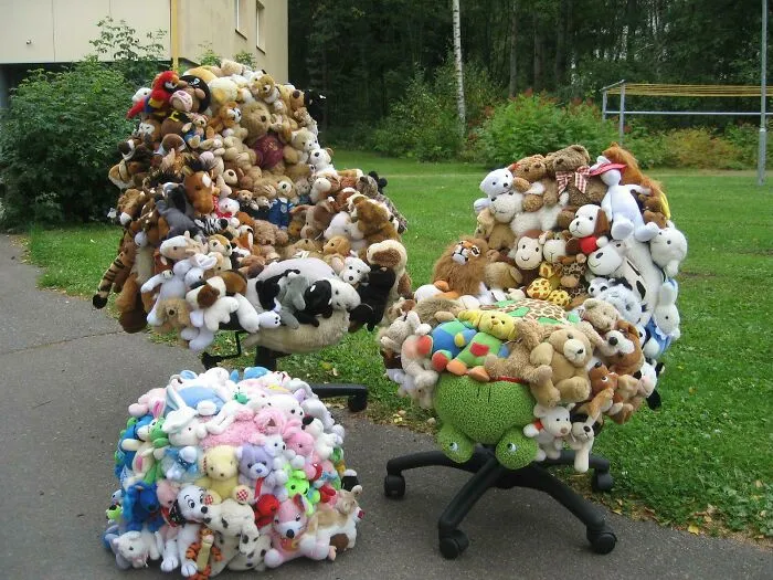Funny DIY projects office chairs and stool made entirely out of stuffed animal plush toys on a lawn