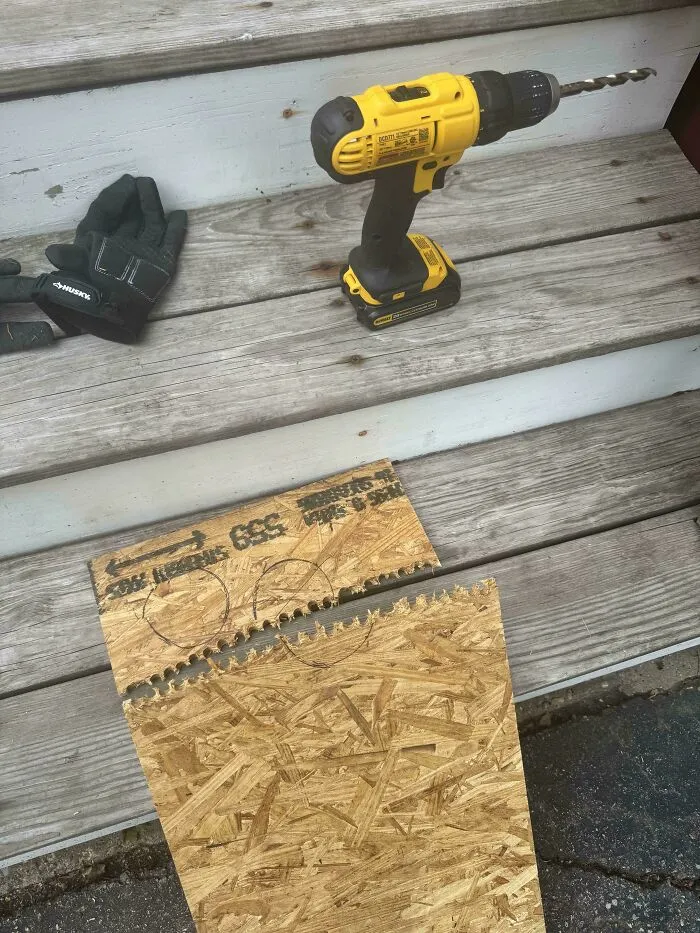 Failed DIY Projects attempt to cut circles out of a wooden board using a drill machine.